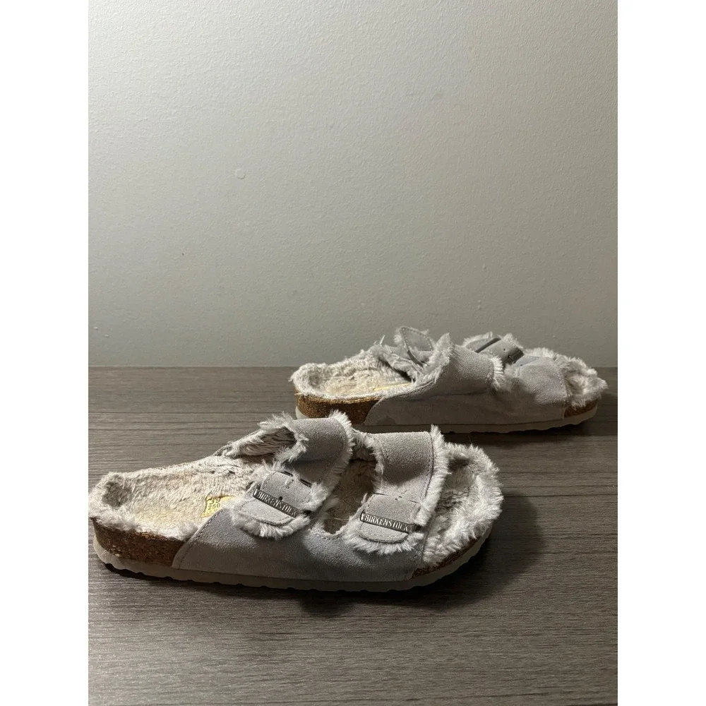 Birkenstock Arizona Shearling Suede Sandals in Gray‎ Women's Size 8 (39)
